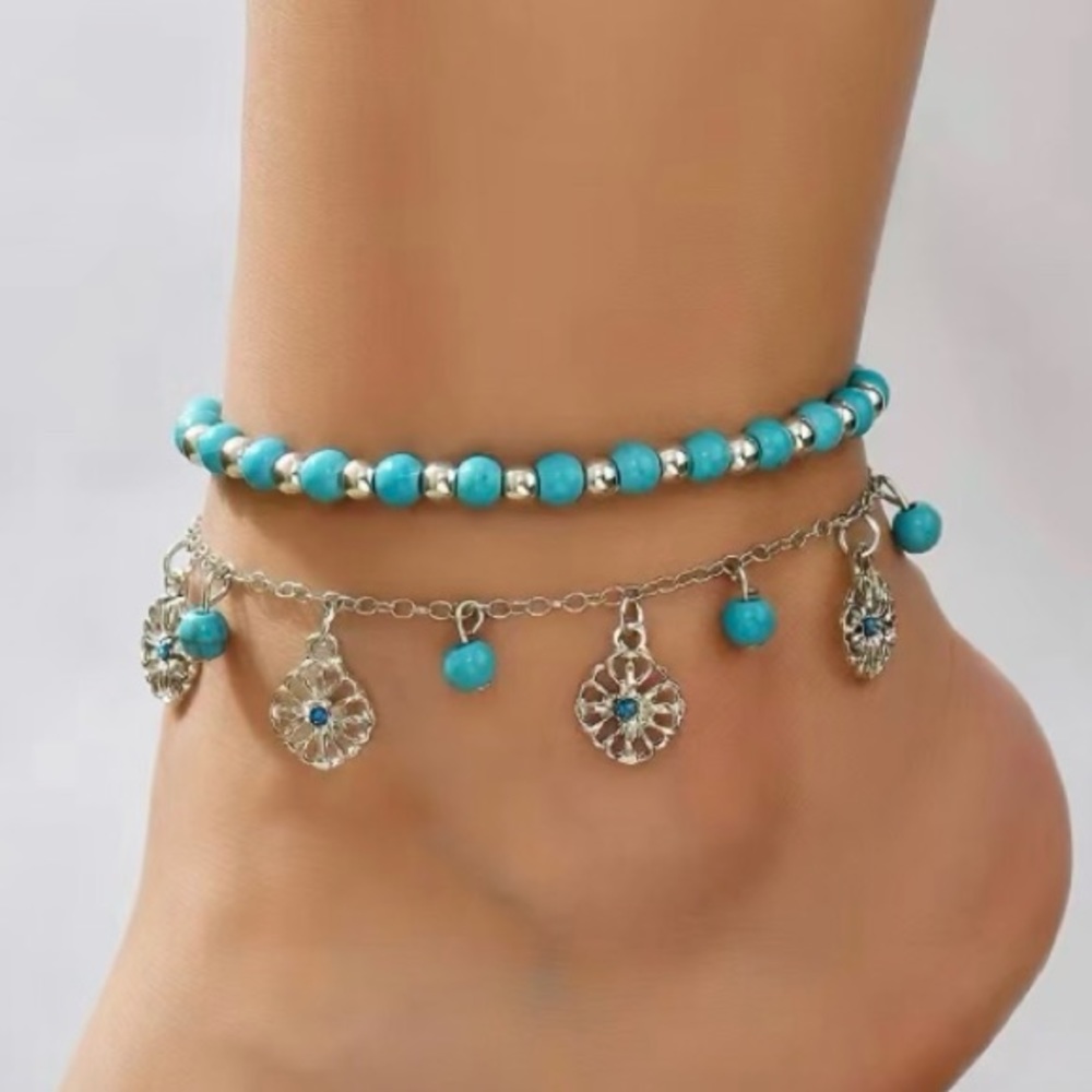 Boho Bohemian Silver Toned Turquoise Beaded Anklet - Picture 2 of 2